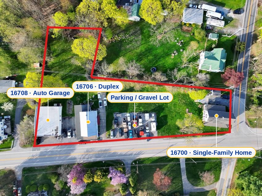 Aerial view of the Mount Airy Portfolio with the property boundary marked, 16708 Frederick Road, Mount Airy MD